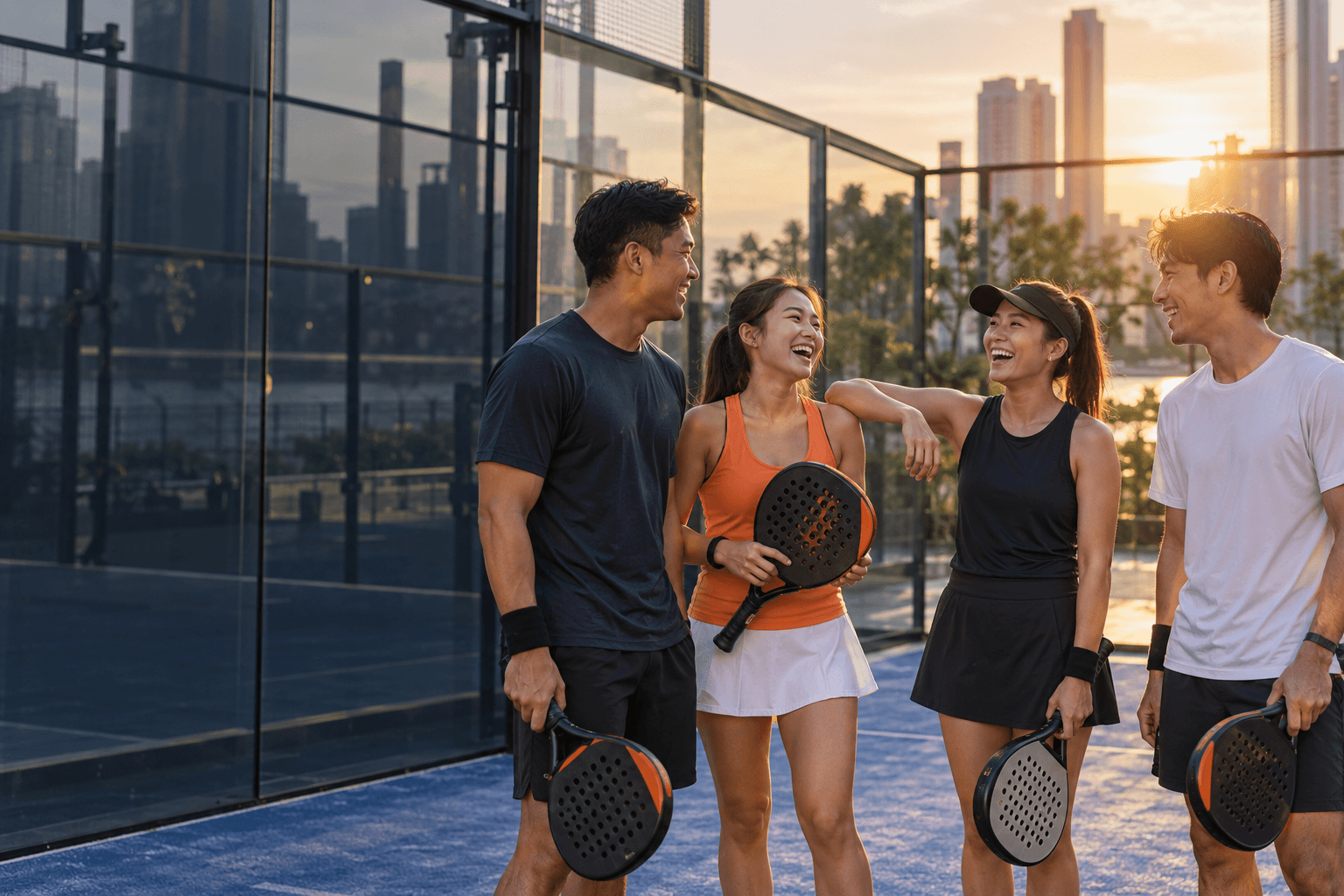 Padel players sharing a laugh together after a match